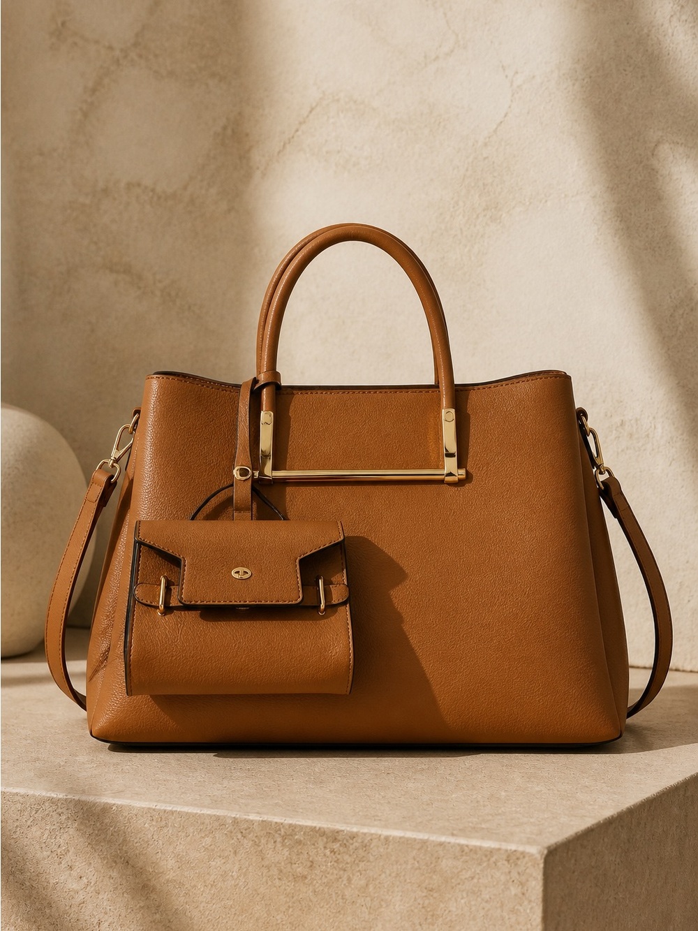 Structured Tan Satchel with Detachable Pouch and Gold-Tone Accents